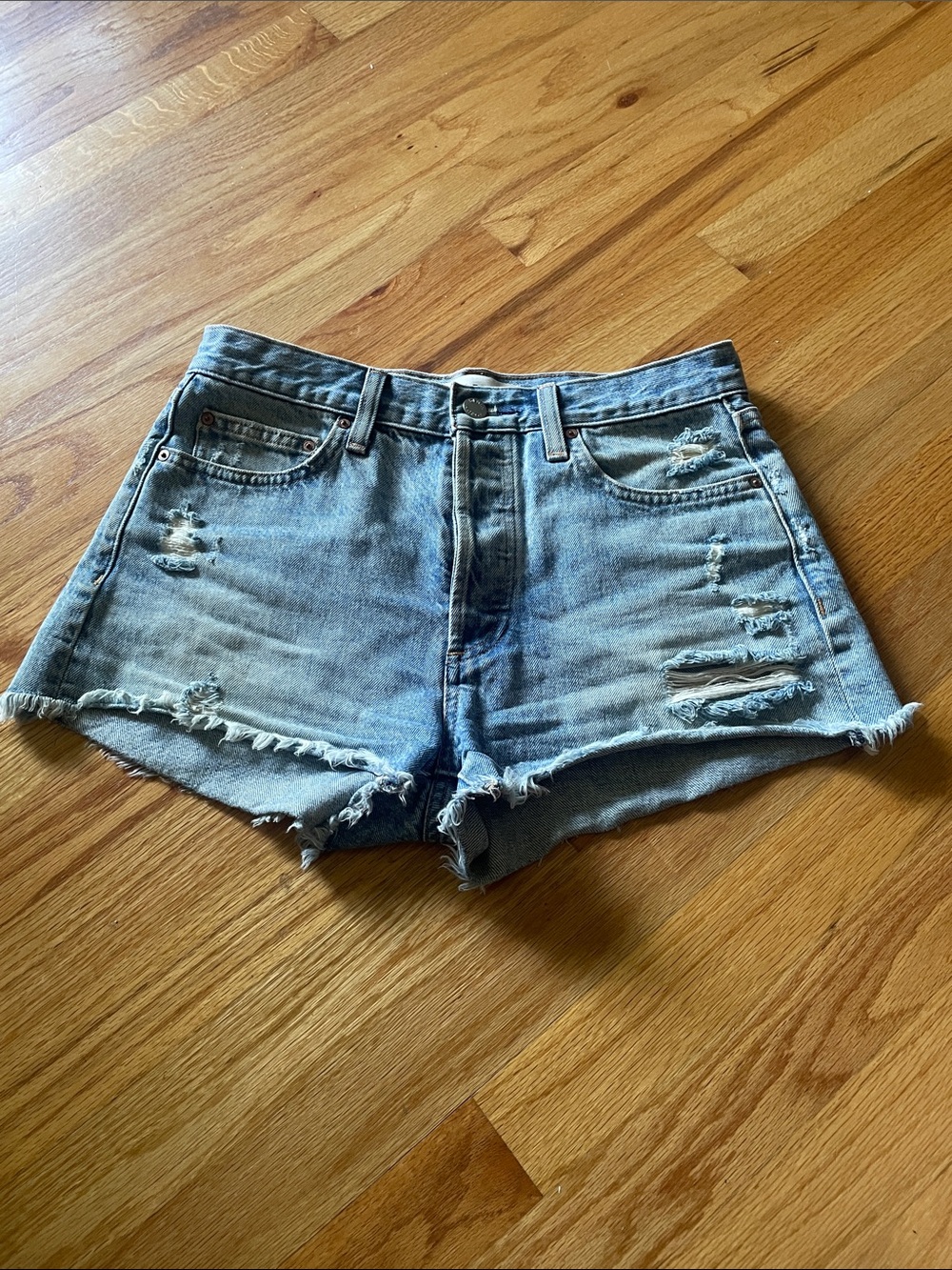 Aritzia Denim Forum Ex Boyfriend Distressed Denim Cut off Shorts